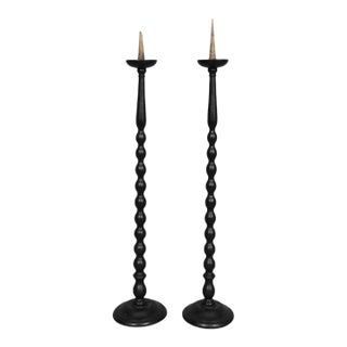 Spool Turned Pricket Floor Candlestick Holders, a Pair For Sale