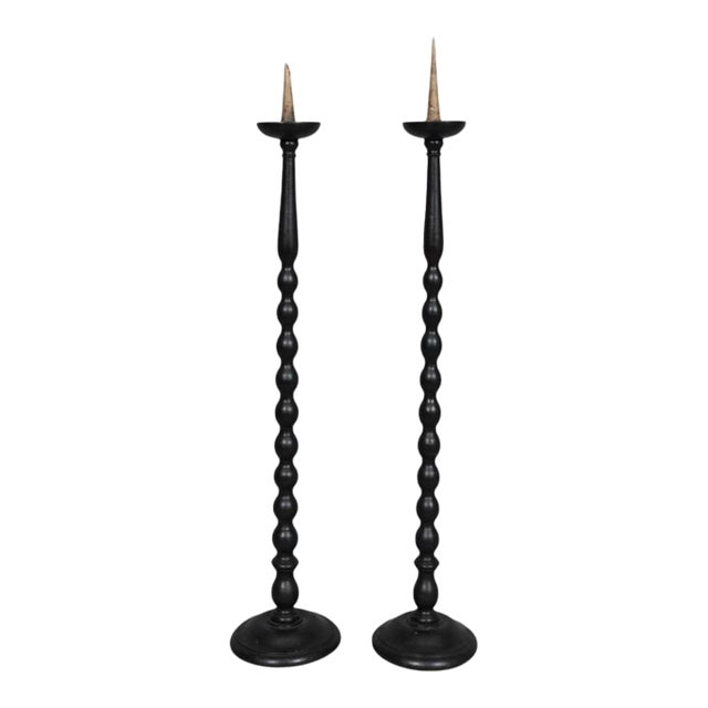 Spool Turned Pricket Floor Candlestick Holders, a Pair For Sale