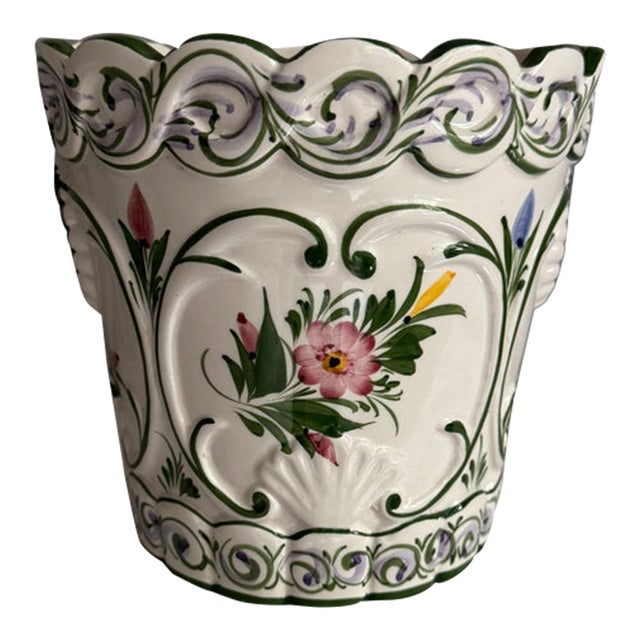 Vintage Portugal RCCL Hand Painted White and Green Floral Scalloped Ceramic Planter For Sale