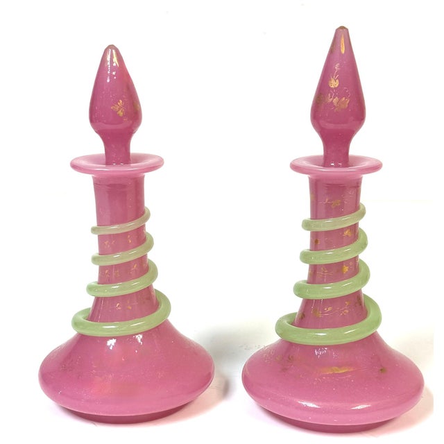 Pair French Pink Opaline Perfume Bottles with Green Serpents Attrib. Baccarat For Sale - Image 9 of 13