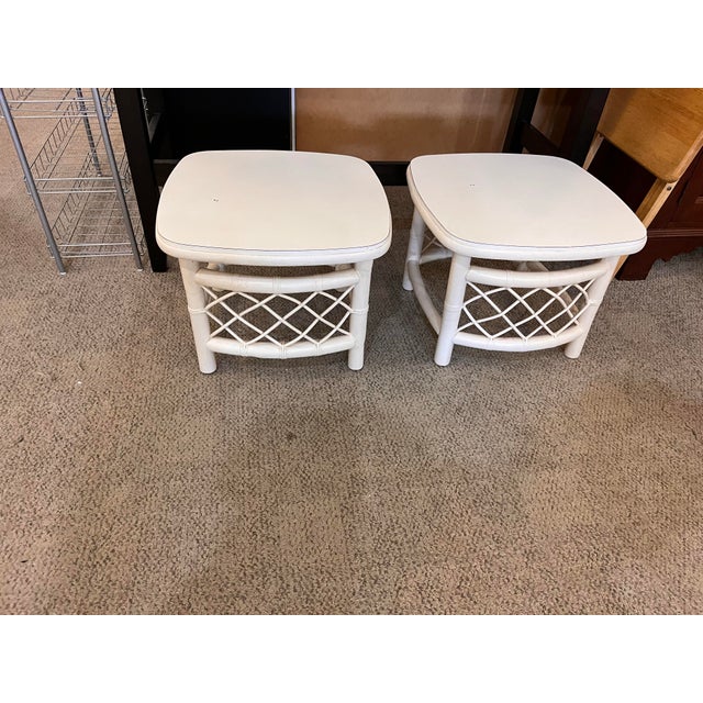 Pair of Vintage Coastal White Rattan Side Tables Square With Round Edges. For Sale In West Palm - Image 6 of 7