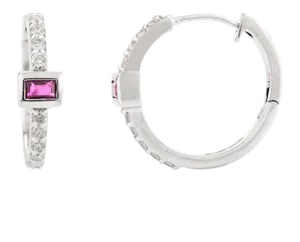 Tiny Baguette Ruby and Diamond Hoop Earrings for Her- a Pair