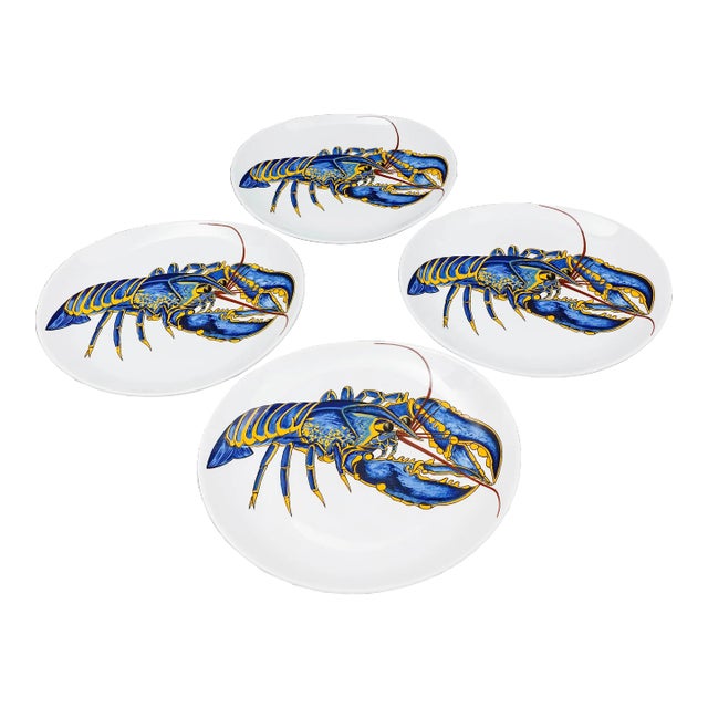 Mid 20th Century Pillivuyt France Decor Grand Feu Blue Lobster Plate- Set of 4 For Sale