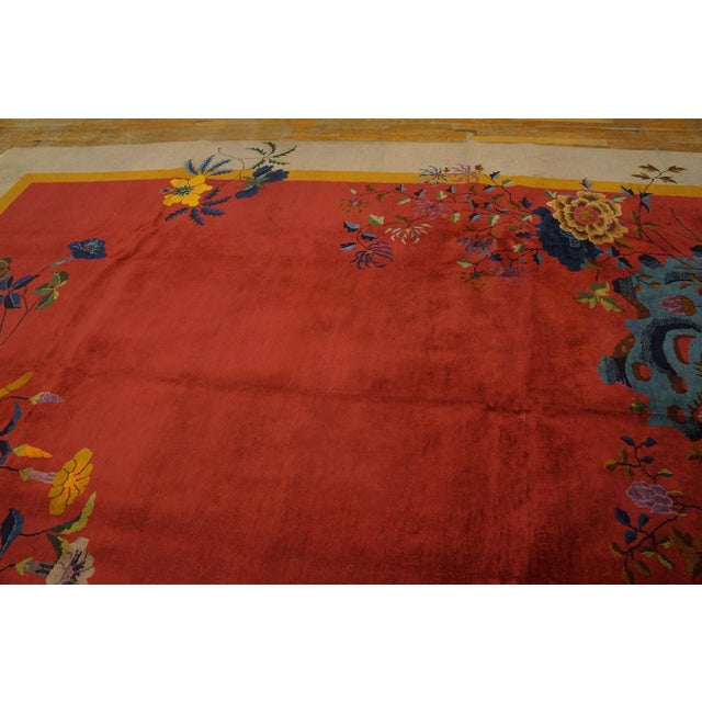 1920s Orange Floral Modern Antique Chinese Art Deco Rug 9'x 11'6" Handknotted Wool Carpet For Sale - Image 4 of 6