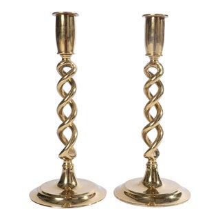 English Open Barley Twist Brass Candle Sticks - a Pair For Sale