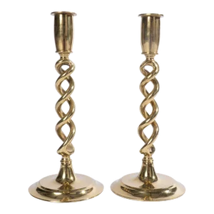 English Open Barley Twist Brass Candle Sticks - a Pair