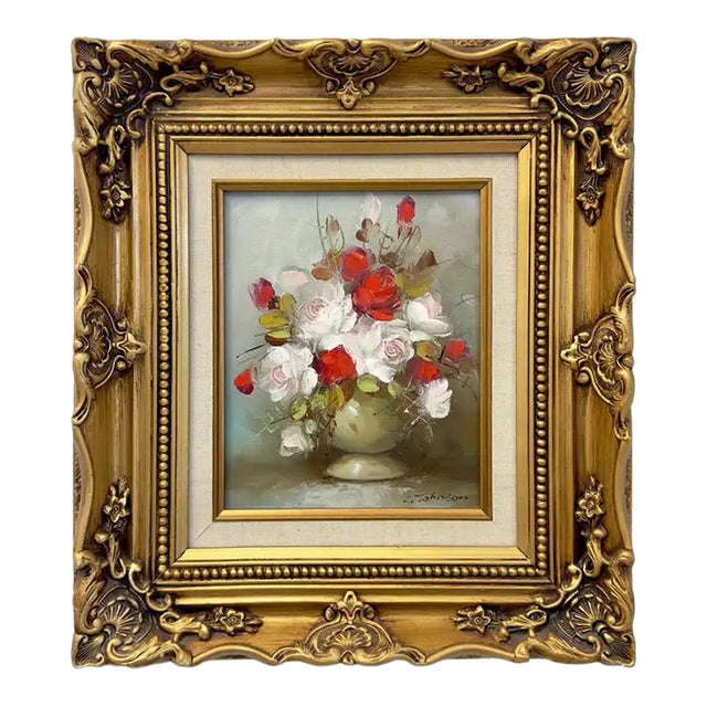 Still Life Flowers Oil on Canvas Painting in Custom Gilt Frame, Signed C.Johnson For Sale