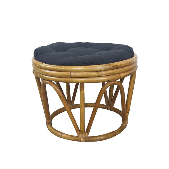 Pair of 1970s Vintage Rattan and Bamboo Round Ottoman Footstools For Sale - Image 11 of 18