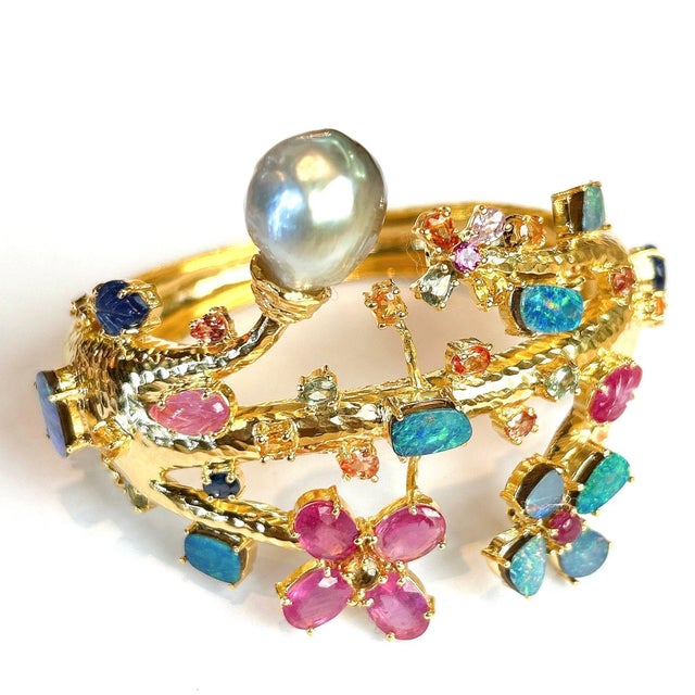 Not Yet Made - Made To Order Bochic “Capri” Ruby, Sapphire, Opal, Pearl & Multi Gem Cuff Set In 18K & Silver For Sale - Image 5 of 10