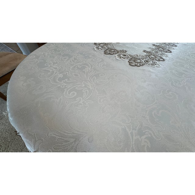 Vintage LinenTablecloth, Embroidered Applique Lace, Cream and Taupe. On Ivory 18" X 55.5" Pristine For Sale - Image 15 of 17