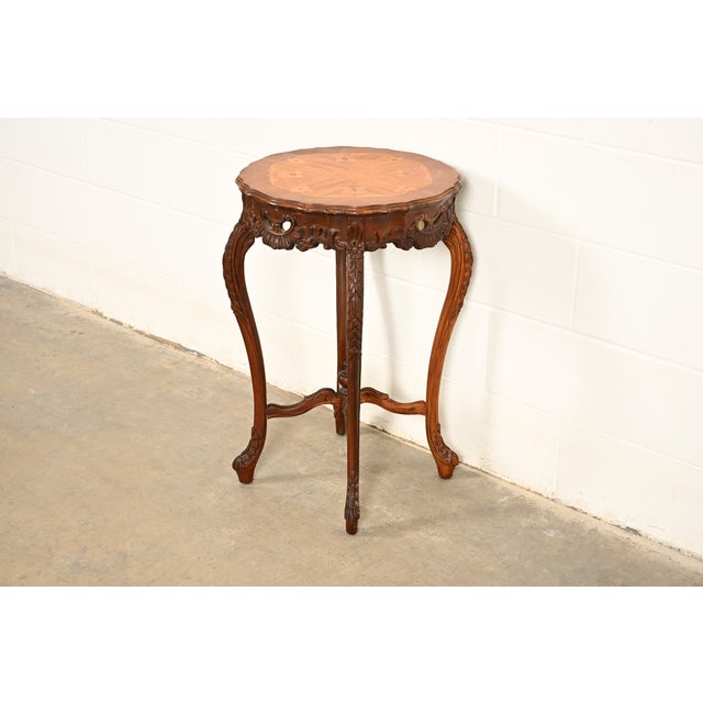 Romweber Style French Provincial Louis XV Carved Walnut and Satinwood Inlaid Marquetry Side Table, Circa 1930s For Sale - Image 14 of 14