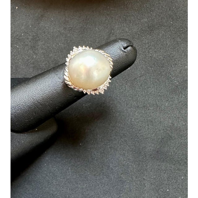 White 16MM Round White South Sea Pearl Diamond Platinum Halo Sunburst Ring For Sale - Image 8 of 18