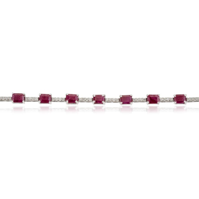 Modern 14k White Gold 5.95ct Natural Ruby & Diamond Tennis Bracelet 6.5 Inches For Sale - Image 4 of 14