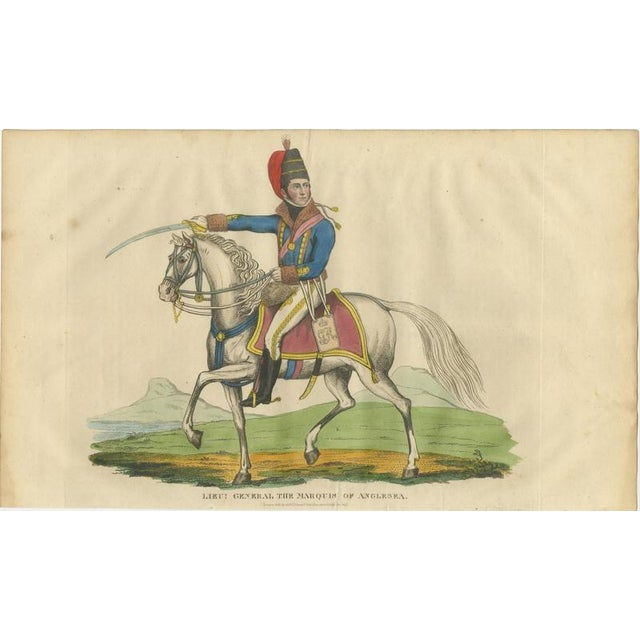 Hollywood Regency Richard Evans, Marquis of Anglesey in Hussar Uniform with Raised Saber, Hand Colored, 1815, Engraving For Sale - Image 3 of 8