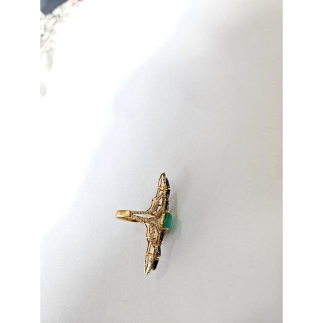 Set in 18k Gold, 3.99 Carats Emerald, Blue Sapphires & Diamonds Cocktail Ring, Us Size 7 For Sale - Image 9 of 14