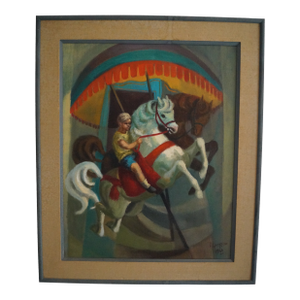 1960s Texas Artist Leslie Larsson Boy on Carousel Oil Painting