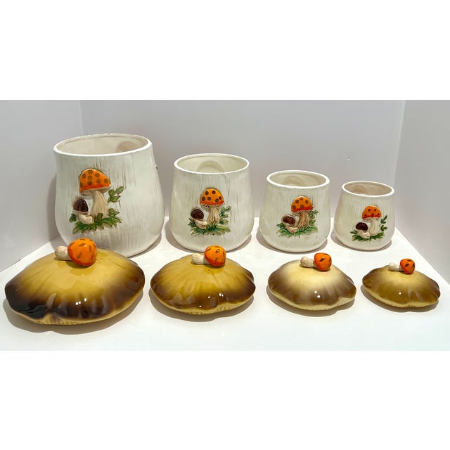1970s Set of 4, Vintage 1976 Mushroom Canister Set – Sears Roebuck Japan – Retro 70s Kitchen For Sale - Image 5 of 16