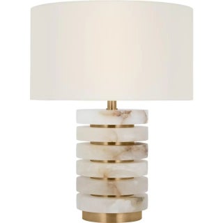 Windsor Smith by Visual Comfort Signature Diski Medium Table Lamp in Alabaster and Hand-Rubbed Antique Brass with Linen Shade For Sale