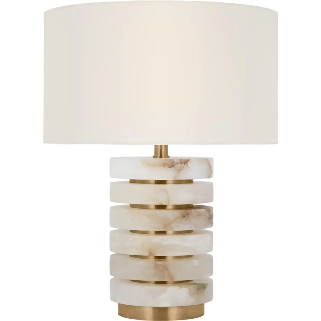 Windsor Smith by Visual Comfort Signature Diski Medium Table Lamp in Alabaster and Hand-Rubbed Antique Brass with Linen Shade For Sale