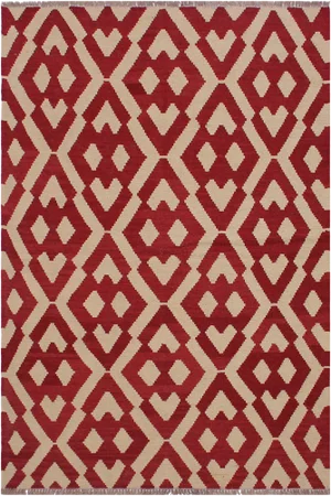 Contemporary Kilim Red/Ivory Hand-Woven Wool Rug - 4'3 X 5'8