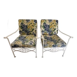 1970s Palm Beach Regency Wrought Iron Patio Arm Chairs - Set of 2 For Sale