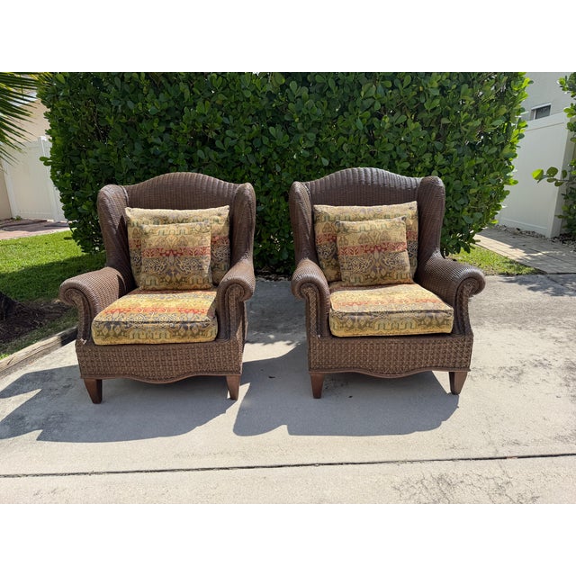 Late 20th Century Vintage Lane Venture Excursions Sculptural Rattan Wingback Armchairs, Pair For Sale - Image 5 of 16