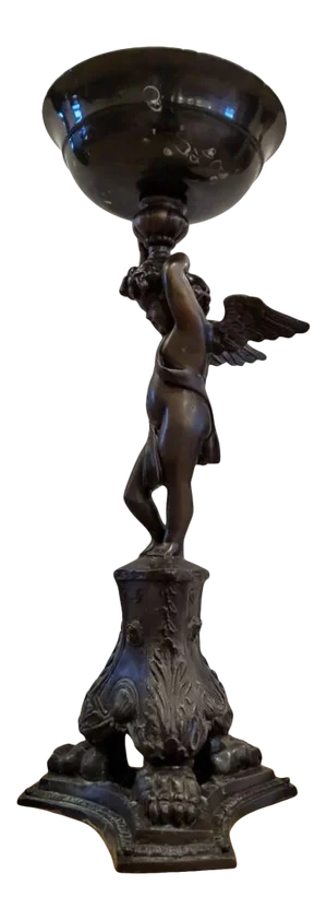 Antique Italian Neoclassical Bronze Winged Putti Sculpture With Marble Bowl