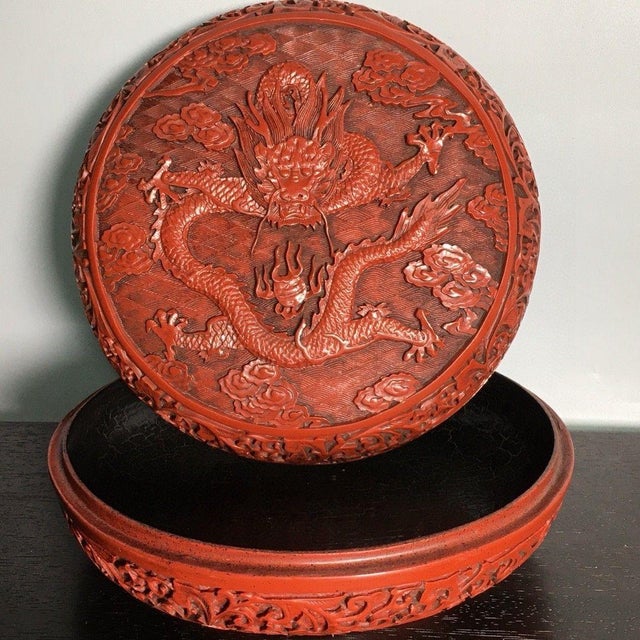 Carved Cinnabar Lacquer Round Lidded Box, Dragon & Cloud Chinoiserie Decorative Box For Sale - Image 9 of 9