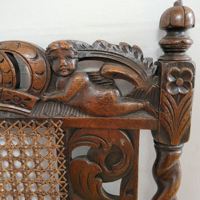 Antique Italian Renaissance Revival Carved Walnut Throne Hall Chair With Putti, Cane Back & Barley Twist Arms For Sale In Raleigh - Image 6 of 15