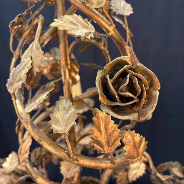 Metal Antique Scrolling Vines French Gold Tole Chandelier With Original Gilding For Sale - Image 7 of 10