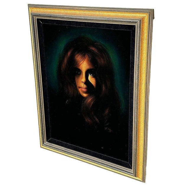 Framed Mid-Century Hand Painted Oil on Velvet Female Portrait, Signed Cohen For Sale - Image 4 of 8