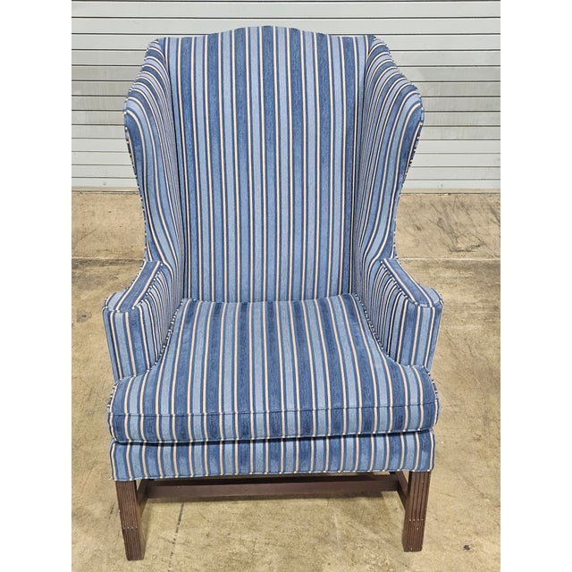Wood Late 20th Century Stickley Mahogany Williamsburg Hepplewhite Mahogany Wingback Chair Schumacher Fabric For Sale - Image 7 of 11