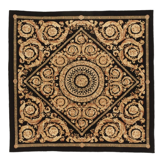Hand Knotted Black and Gold Rug. 8'x 7'10" For Sale