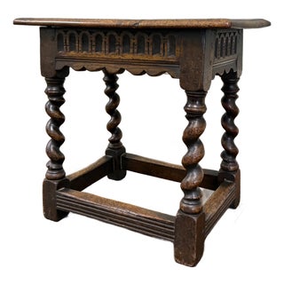 Antique English Footstool Bench Stool Joint Stool Barley Twist Carved Oak c.1900 For Sale