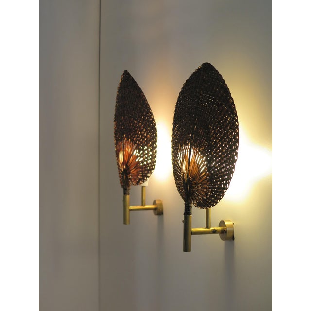 Wall Lamps in Brass and Natural Fiber, Italy, 1970s, Set of 2 For Sale - Image 4 of 12