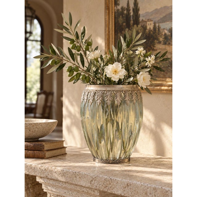 Vintage Neoclassical Ribbed Glass Vase With Silver-Gilt Acanthus Mounts For Sale - Image 4 of 5