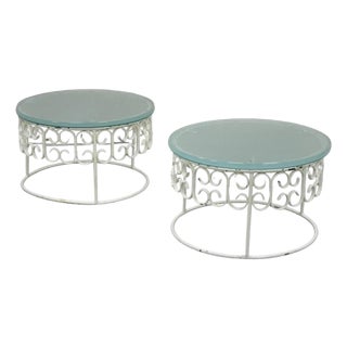 Vintage Arthur Umanoff Wrought Iron Scroll Low Round Glass Top Side Table - Pair For Sale