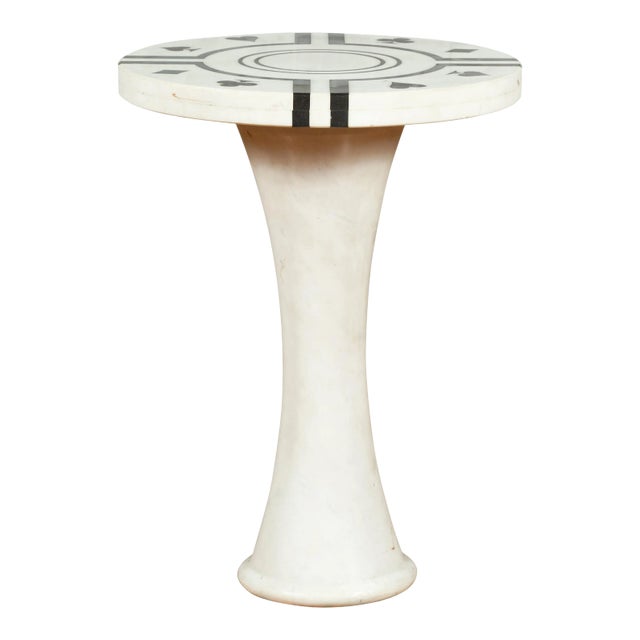 White Marble Side Table with Poker Design Round Top and Pedestal Hourglass Base For Sale