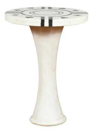 White Marble Side Table with Poker Design Round Top and Pedestal Hourglass Base