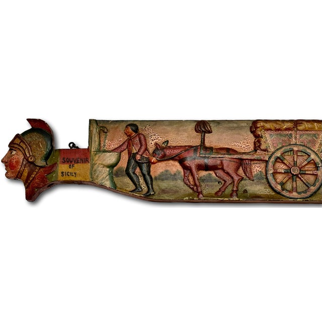 Outstanding Large Antique Hand Carved & Beautifully Painted Wood Italian Sicilian Donkey Cart Relic Fragment - 36 Inches Long For Sale In Boston - Image 6 of 18