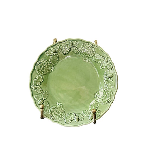 Vintage Bordallo Pinheiro Turkey Green Majolica Platter – Portuguese Ceramic Thanksgiving Serving Plate With Turkey, Oak Leaf & Acorn Relief For Sale - Image 6 of 9