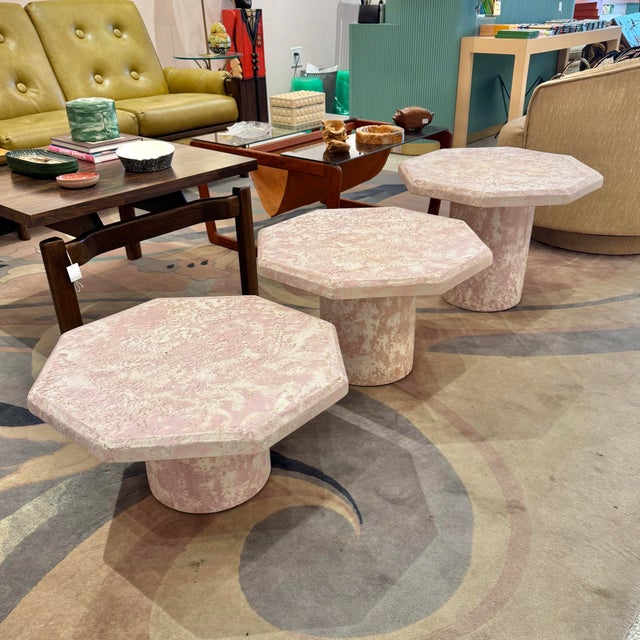 Vintage Set of 3 Pale Pink Octagonal Faux Stone Nesting Tables For Sale In New York - Image 6 of 12