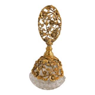 1950s Glass Perfume Bottle With Golden Metal Overlay For Sale