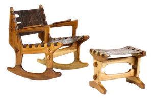 Vintage Mid Century Modernist Wood + Leather Rocking Chair + Ottoman Set – Angel Pazmino