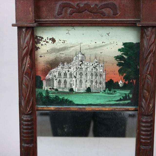 Traditional Antique Federal Mirror With Hand Painted Eglomise Panel With Palace Scene Circa 1850 For Sale - Image 3 of 10