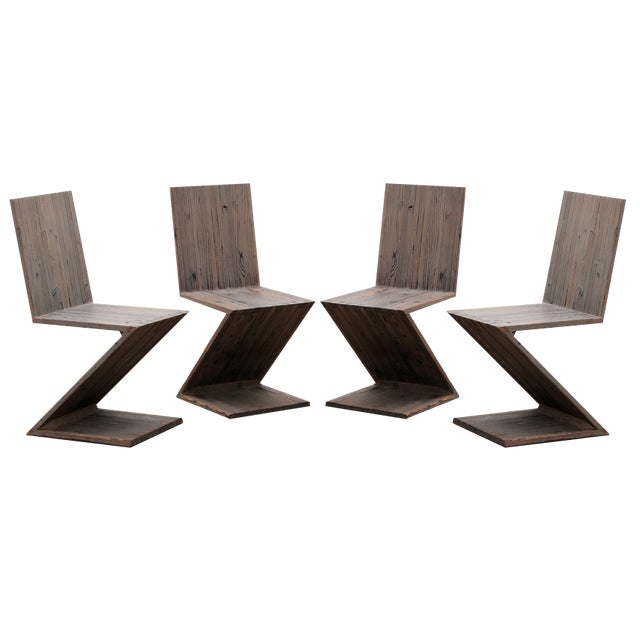 Zigzag Chairs in American Pine attributed to Gerrit Thomas Rietveld for Rietveld, 1950s, Set of 4 For Sale
