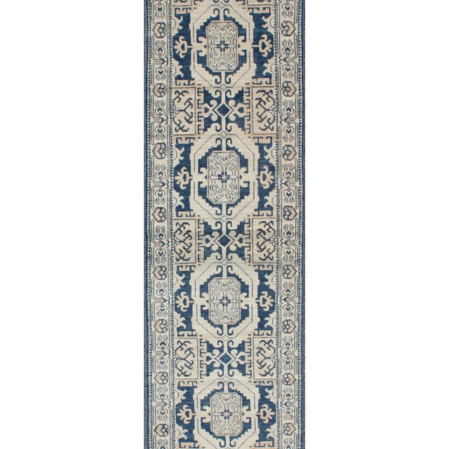 Vintage Khotan Rug With Geometric Medallions in Navy and Cream Tones For Sale - Image 4 of 8