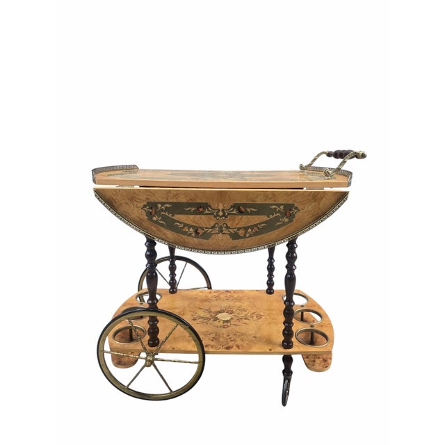 Vintage Italian Burl Marquetry Tea Bar Cart For Sale - Image 4 of 12