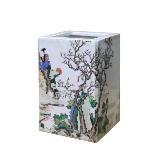 Chinese Distressed Off White Porcelain People Scenery Square Pot Vase For Sale - Image 4 of 6