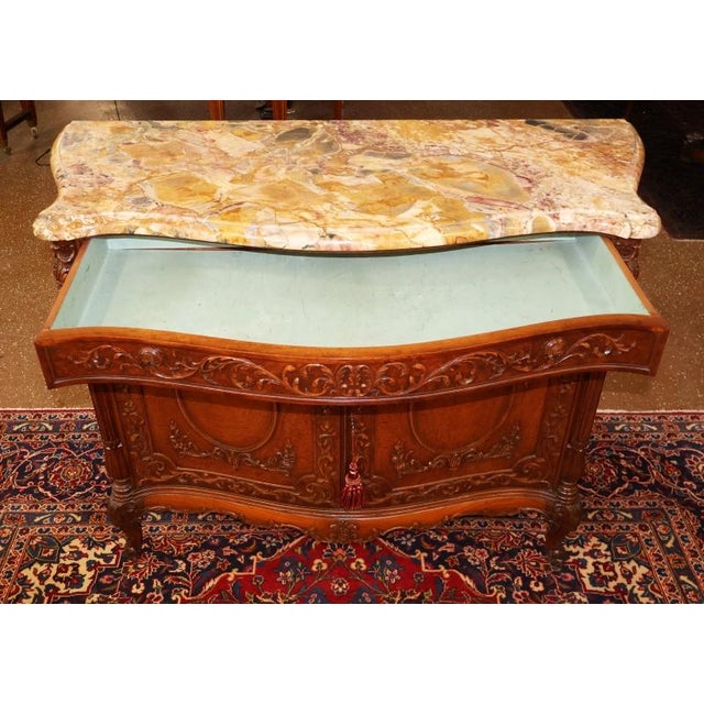 French Louis XVI Style Marble Top Burl Wood Server Dresser Commode Circa 1920 For Sale - Image 4 of 14